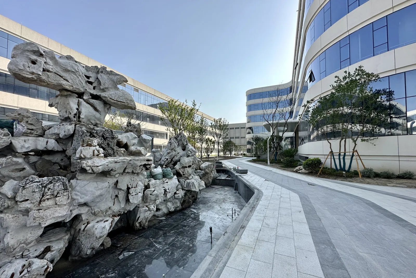 Landscaped area between the buildings