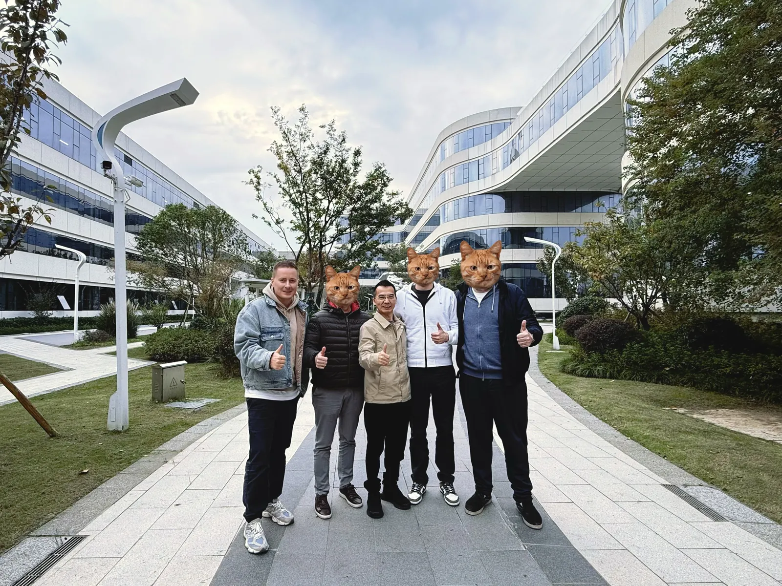 With the team in the courtyard